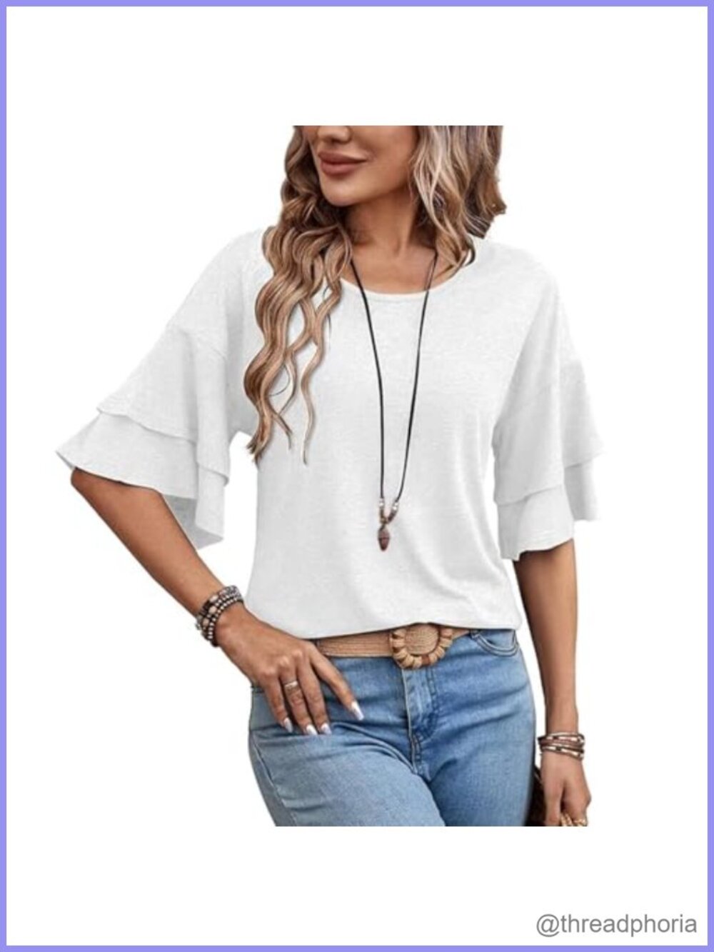 Womens Crew Neck Double Ruffle Bell Sleeve Tunic Top Casual Blouse